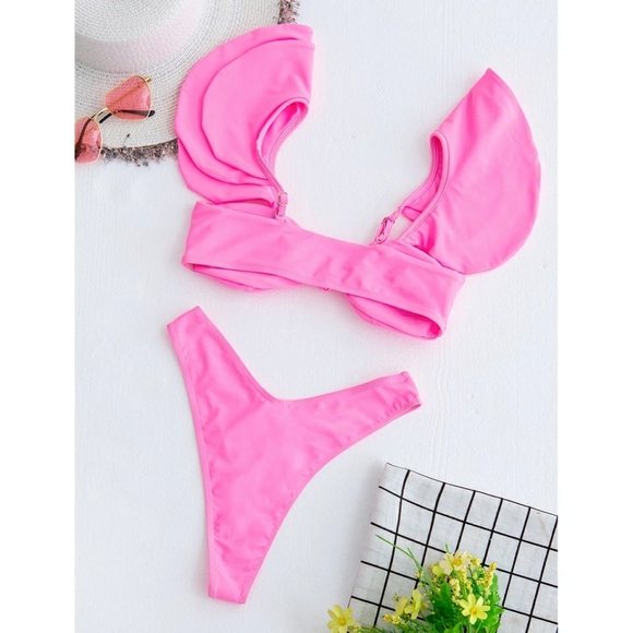 New Ruffle Shoulder Top High Cut Leg Bikini Set - Picture 6 of 7